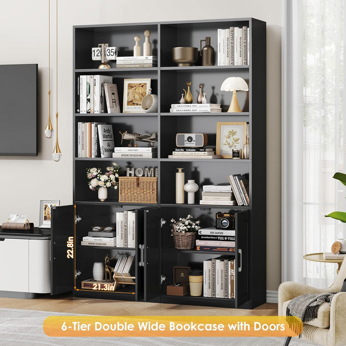 FACBOTALL Bookshelf and Bookcase with Doors, 6 Tier Double Wide Large Bookshelves, Open Display Shelves, 73'' Tall Bookshelf with Storage Cabinets for Home Office, Living Room, Library, Black - new