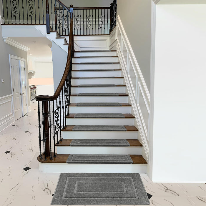 Bullnose Carpet Stair Treads Tape Free Non-Slip Indoor Pet Friendly for Wooden Steps 9.5" x 30"x1.2" 14 pc Grey - new
