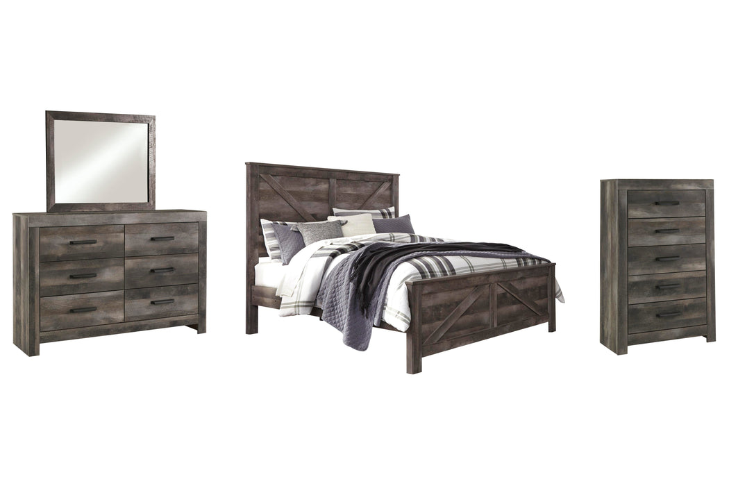 Wynnlow Gray Wynnlow King Crossbuck Panel Bed with Mirrored Dresser and Chest