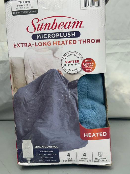 Sunbeam Electric Heated Throw Blanket Oversize Blue Corduroy Microplush 4 Heat Settings - new