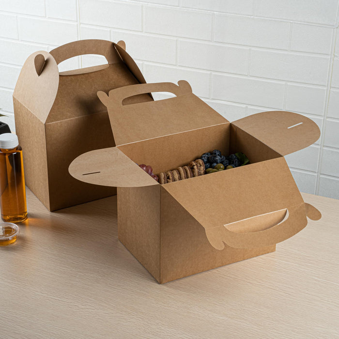 Restaurantware Bio Tek 10 x 7 x 8 Inch Gable Boxes For Party Favors, 25 Attractive Gift Boxes - With Built-In Handle, Greaseproof, Kraft Paper Gable Boxes, For Birthday Parties And Weddings