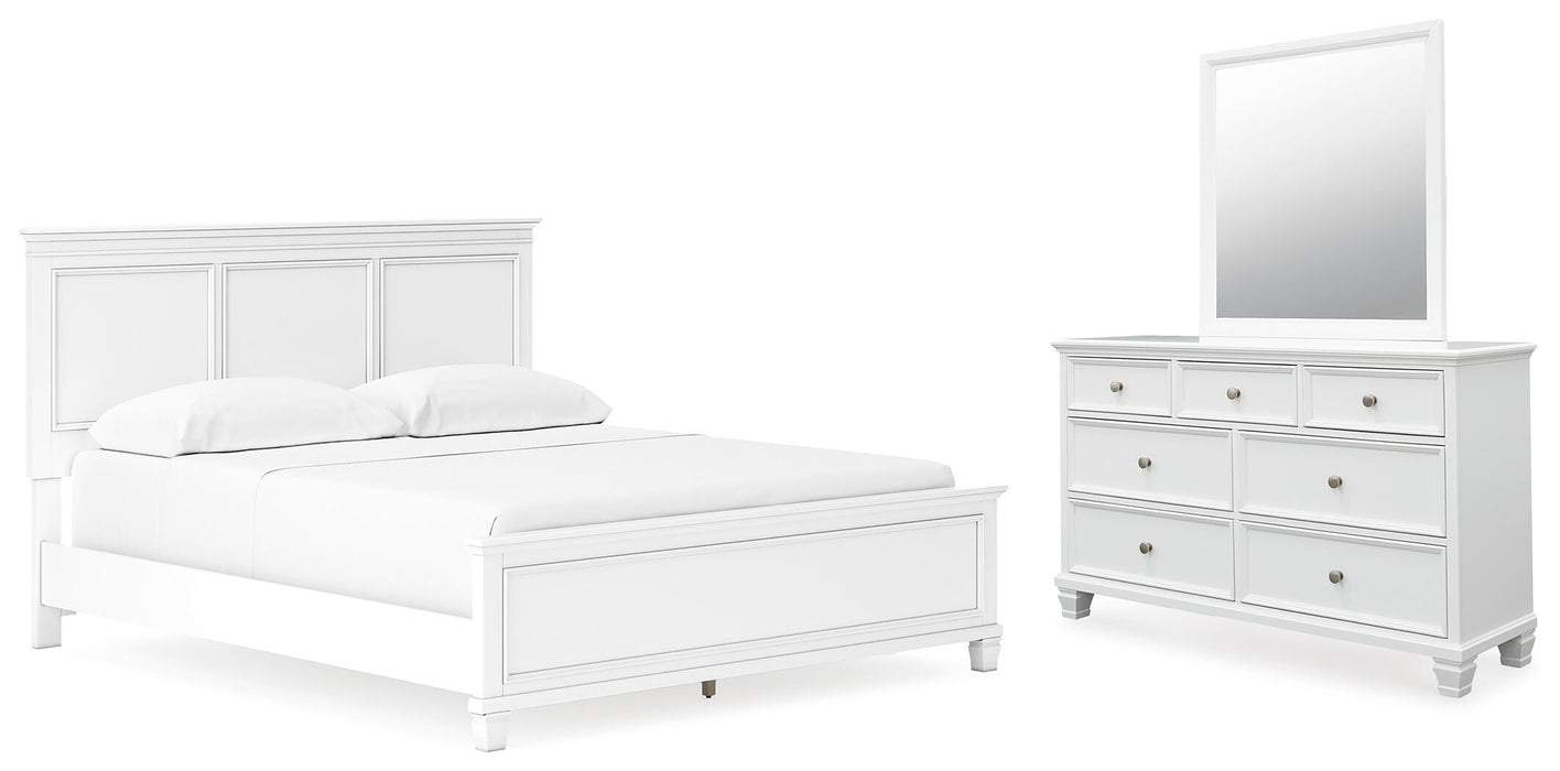Fortman White Fortman California King Panel Bed with Mirrored Dresser