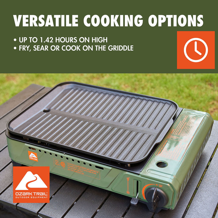 Ozark Trail Outdoor Butane Griddle, 7650 BTU, 15"x12" Cast Aluminum Griddle Fits 4 Burgers, CSA Approved, Green Color - new