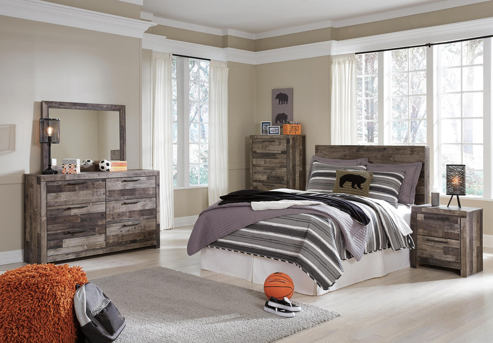 Derekson Multi Gray Derekson Full Panel Headboard Bed with Mirrored Dresser, Chest and Nightstand