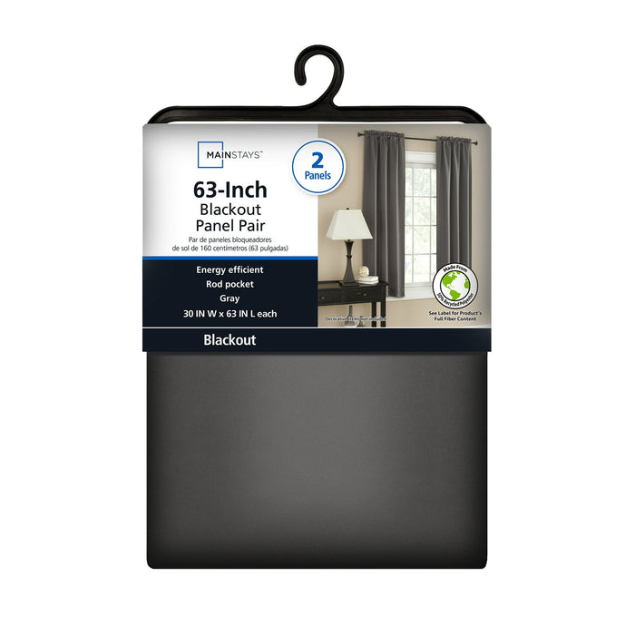 Mainstays Blackout Curtain Panels, Set of 2, Gray, 30" W x 63" L - new