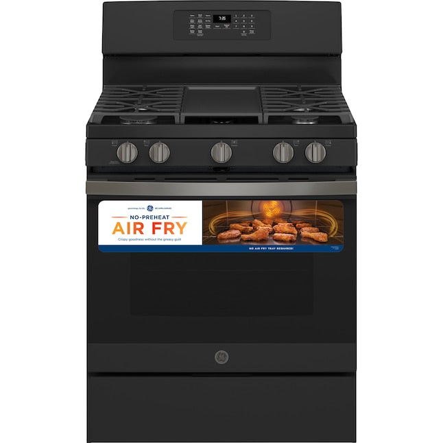 GE 30-in 5 Burners 5-cu ft Self-Cleaning Air Fry Convection Oven Freestanding Gas Range (Black Slate) - new