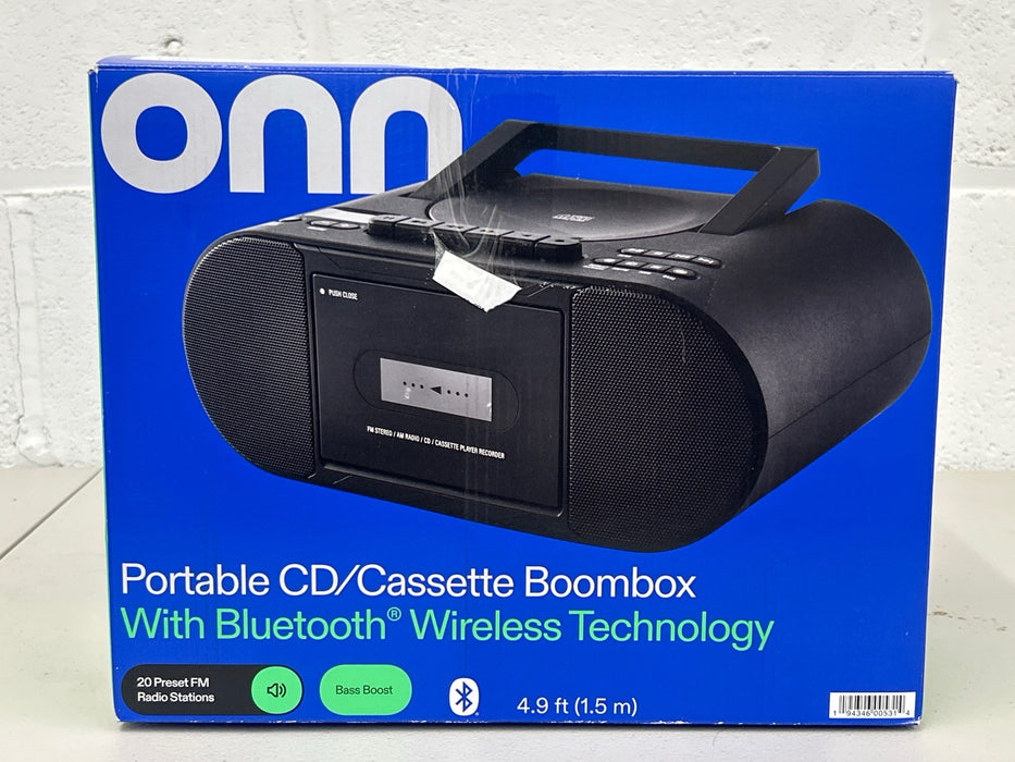 onn. Portable Bluetooth CD/Cassette Boombox with AM/FM Radio, Black - new