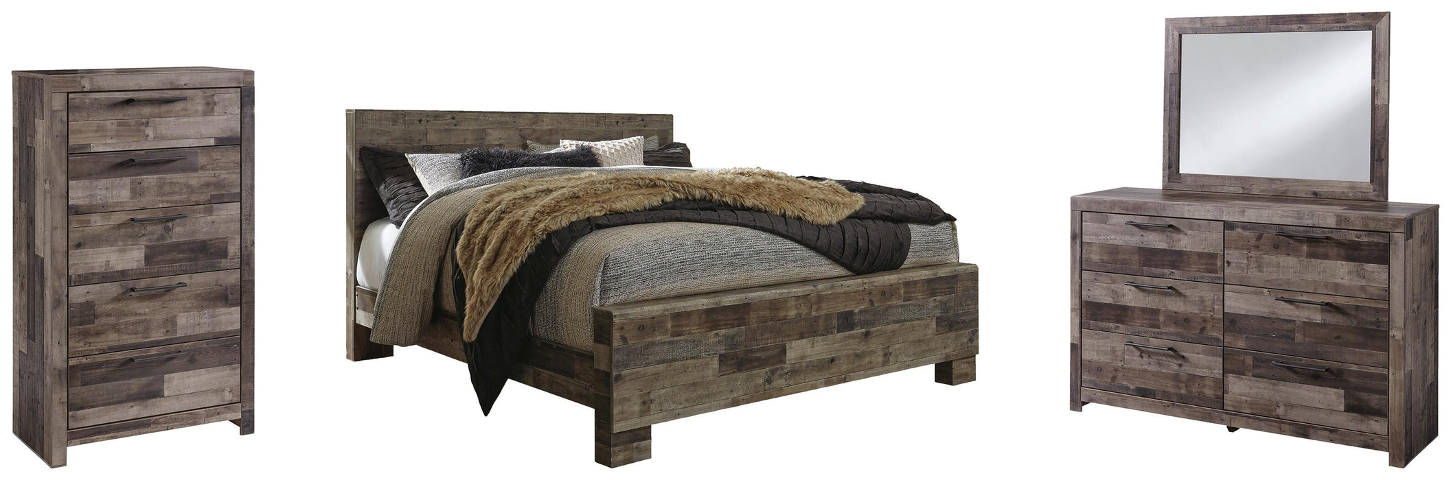 Derekson Multi Gray Derekson King Panel Bed with Mirrored Dresser and Chest