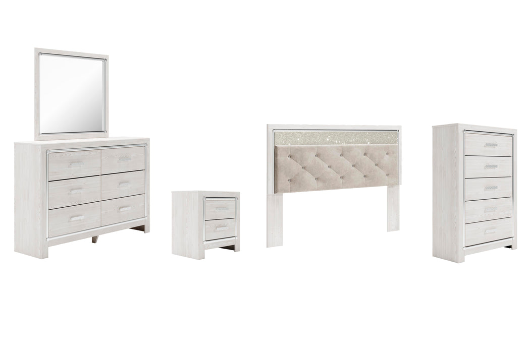 Altyra White Altyra King Panel Headboard Bed with Mirrored Dresser, Chest and Nightstand