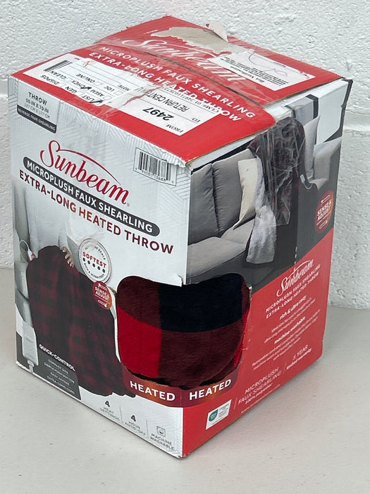 Sunbeam Electric Heated Throw Red/Black Plaid Microplush Faux Shearling 4 Heat 50x70 - new