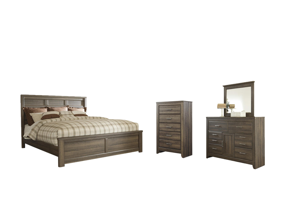 Juararo Dark Brown Juararo California King Panel Bed with Mirrored Dresser and Chest