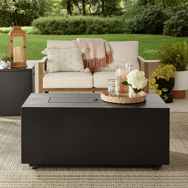 Mainstays 42" Rectangle Black Finish Modern Steel Fire Pit: 42" x 20" 50000 BTU Propane Fire Pit Table with Lid, Tank Hideaway and Cover - open_box