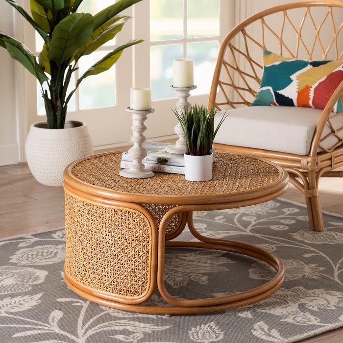 bali & pari Eldon Boho Coffee Table, Handwoven Natural Rattan, Honey - new