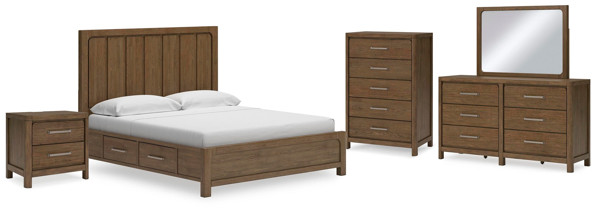 Cabalynn Light Brown Cabalynn King Panel Bed with Storage with Mirrored Dresser, Chest and Nightstand - Brand New
