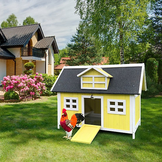 Hanover Outdoor Elevated Wooden Chicken Coop with Ramp, 3 Chicken Capacity, Large Wire Mesh Run, Waterproof Roof, Removable Tray - new