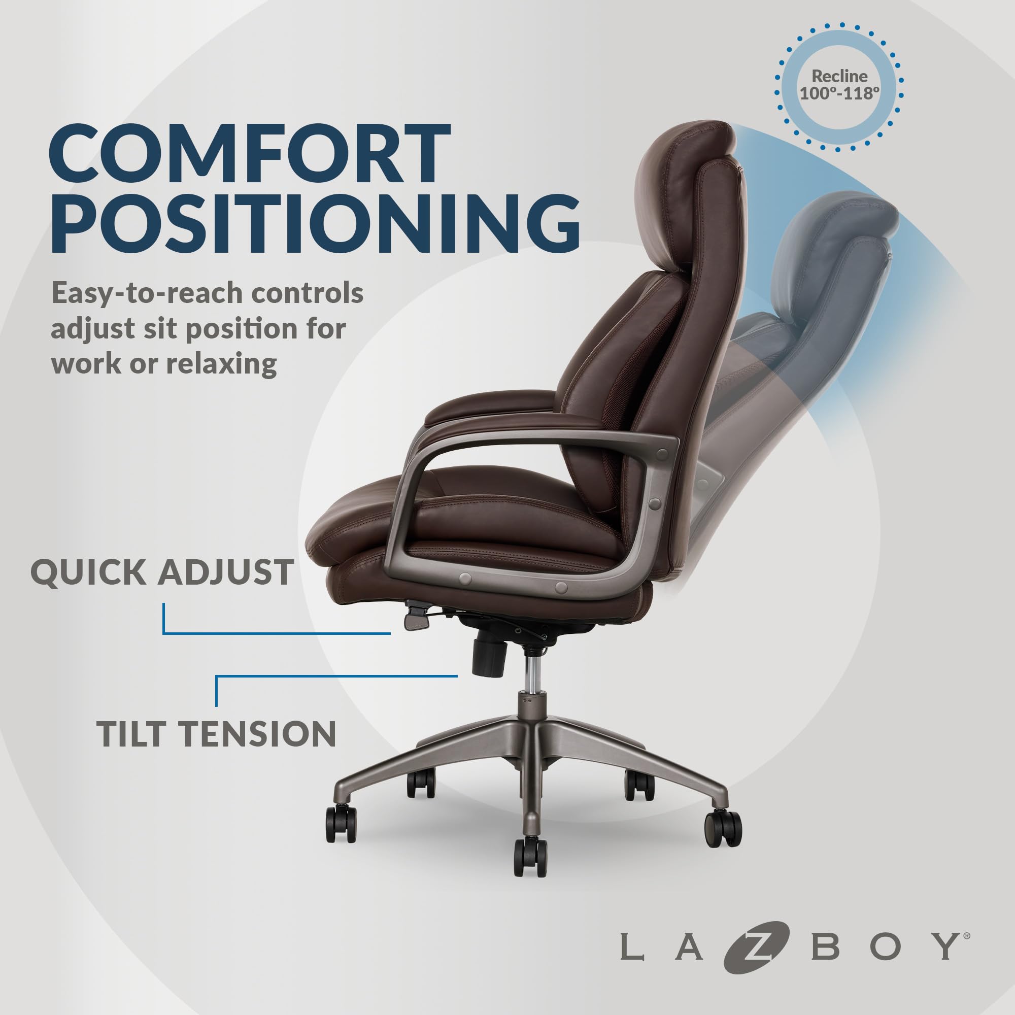 La-Z-Boy Nova Vegan Leather Modern Executive Ergonomic Design Office Chair, Memory Foam Thick Contoured Seat Back with Patented Lumbar Support Technology, Soft to Medium Sit Comfort, Brown - open_box