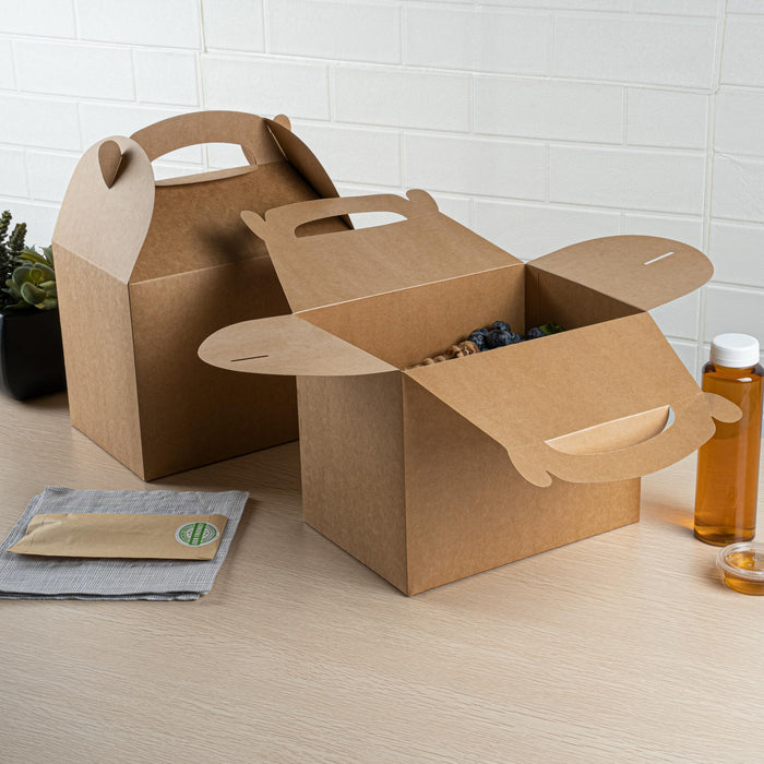 Restaurantware Bio Tek 10 x 7 x 8 Inch Gable Boxes For Party Favors, 25 Attractive Gift Boxes - With Built-In Handle, Greaseproof, Kraft Paper Gable Boxes, For Birthday Parties And Weddings