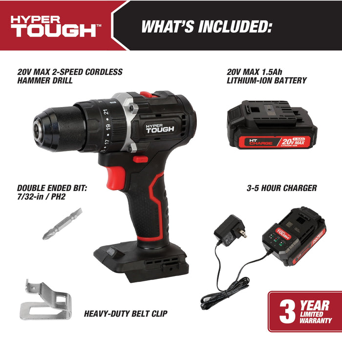 Hyper Tough 20V Max Brushless 2-Speed Cordless Hammer Drill with 1.5Ah Lithium-Ion Battery and Charger - open_box