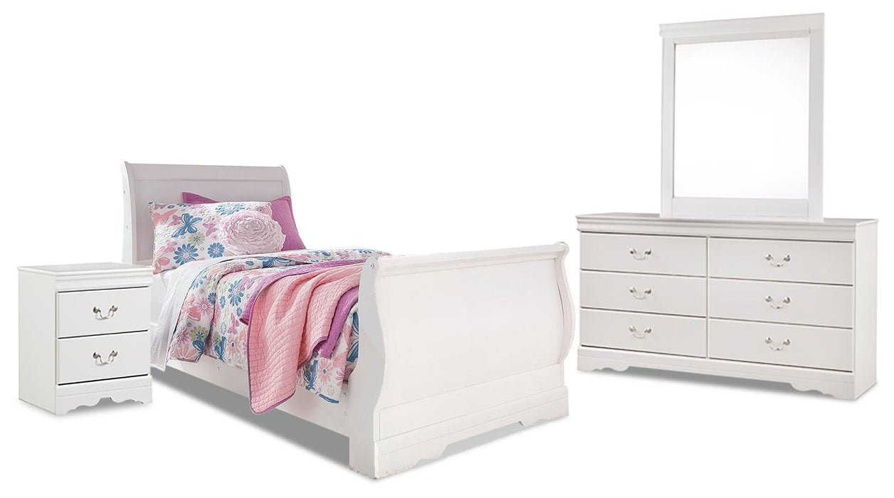 Anarasia White Anarasia Twin Sleigh Bed with Mirrored Dresser and Nightstand - Brand New
