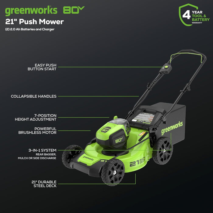 Greenworks 80V 21” Brushless (Push) Cordless Electric Lawn Mower + (500 CFM) Axial Leaf Blower (75+ Compatible Tools), (2) 2.0Ah Batteries and 30 Minute Rapid Charger - new