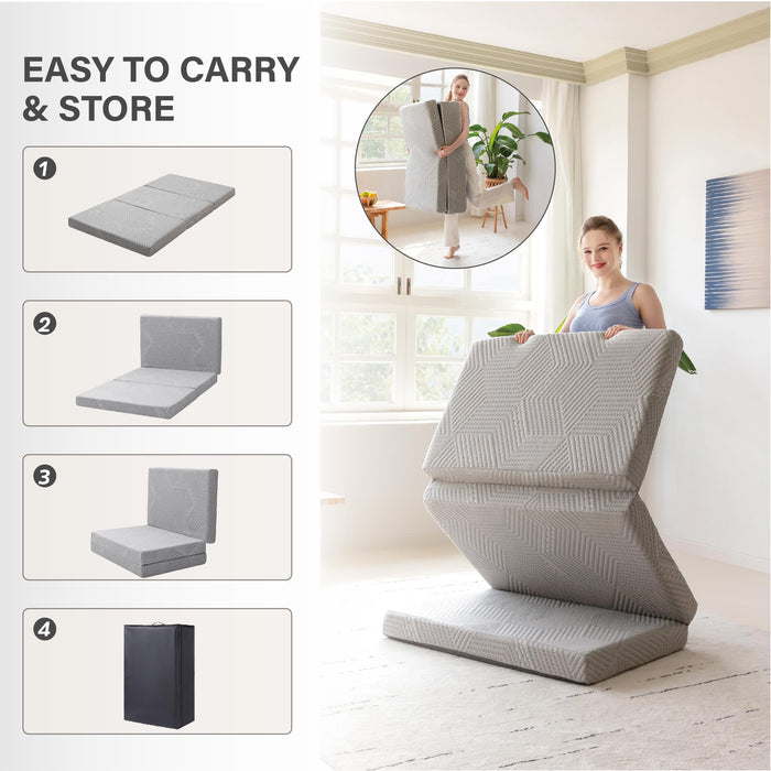 Tri-Fold Memory Foam Mattress, 4 inch Single Folding Mattress with Collapsible and Washable Cover, Travel and Guest Mat, 75"×25"×4", Grey -