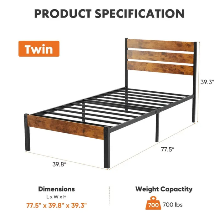 Gianna Twin Size Metal Platform Bed Frame with Headboard and and Footboard, No Box Spring Needed - new