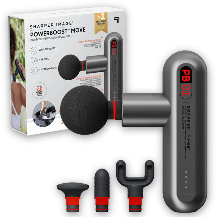 Sharper Image Powerboost Move - Portable Percussion Massage Gun with 4 Attachments, 4 Speeds| Lightweight Full Body Back & Shoulder Massager| Deep Tissue Muscle Recovery, Pain Relief & Soren