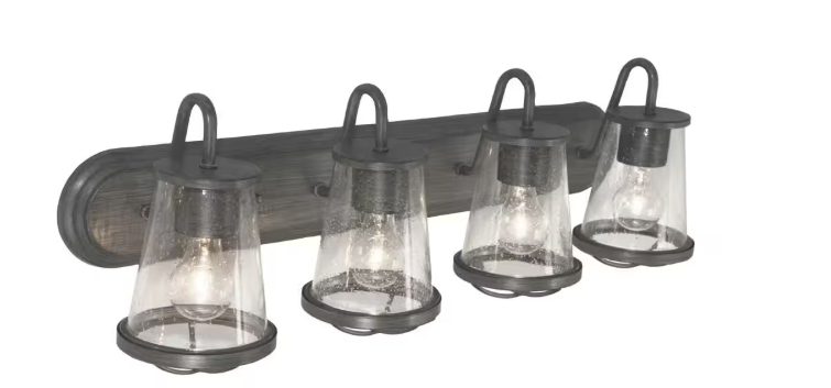 Home Decorators Collection Georgina 30 in. 4-Light Weathered Iron Industrial Rustic Vanity with Clear Seeded Glass Shades and Cage Accents - open_box