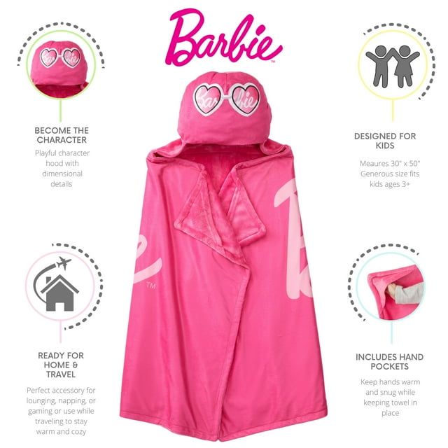 Barbie Kids Hooded Throw, Wearable Plush, Pink - new