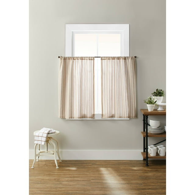 Better Homes & Gardens Light Filtering Kitchen Valance, Beige Stripe, 56” x 36” (3 Panels) - new