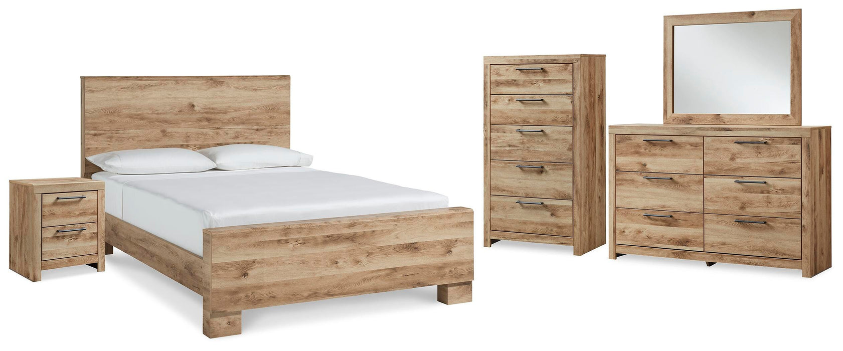 Hyanna Tan Brown Hyanna Queen Panel Bed, Dresser, Mirror, Chest and Nightstand - Brand New