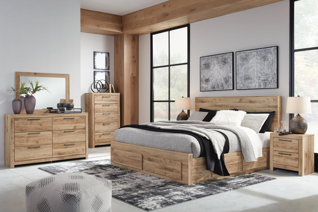 Hyanna Tan Brown Hyanna Queen Panel Storage Bed with 1 Under Bed Storage Drawer, Dresser, Mirror, Chest and Nightstand - Brand New