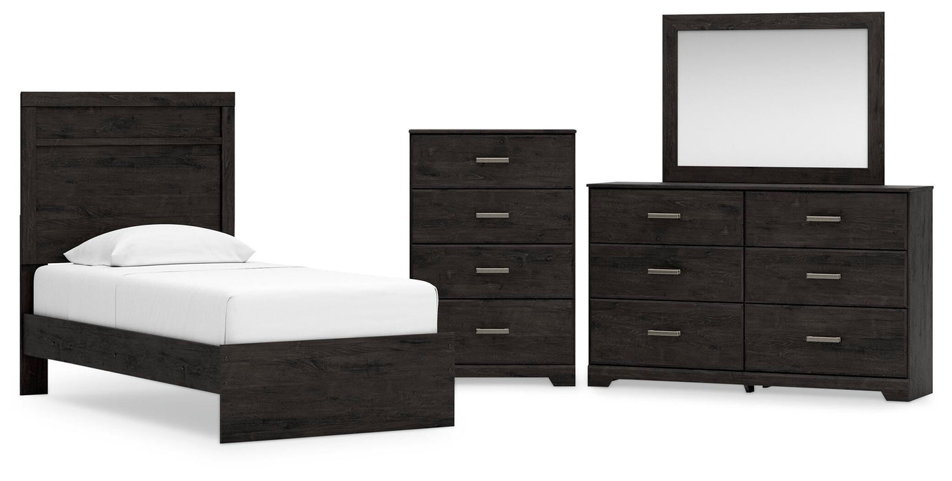 Belachime Charcoal Belachime Twin Panel Bed with Mirrored Dresser and Chest