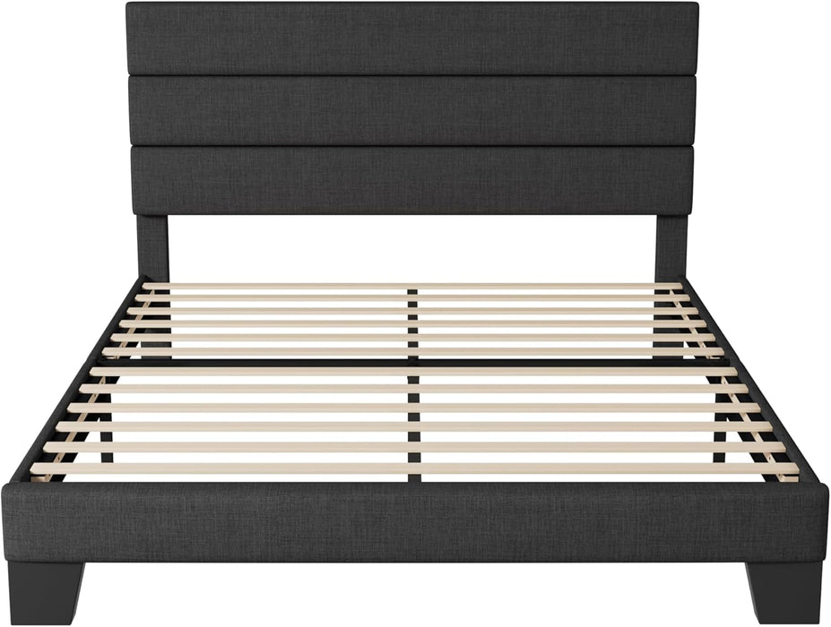 Allewie Queen Size Platform Bed Frame with Fabric Upholstered Headboard and Wooden Slats Support, Fully Upholstered Mattress Foundation/No Box Spring Needed/Easy Assembly, Dark Grey - new