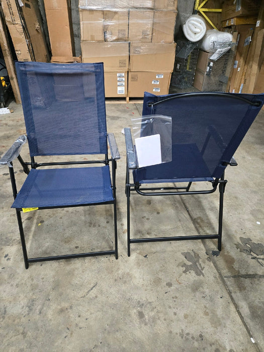 Mainstays Greyson Steel and Sling Adult Folding Outdoor Patio Armchair, Navy (Set of 2) - new