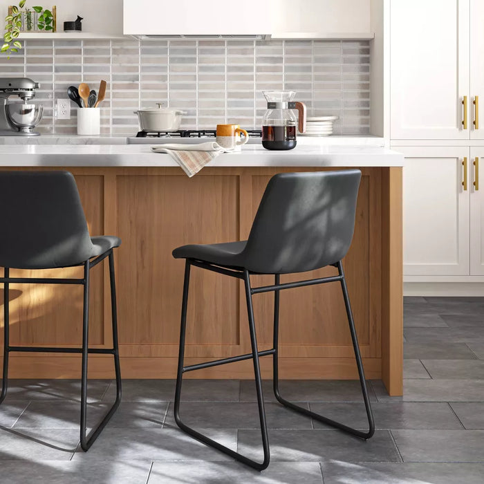 (SET OF 2) Bowden Faux Leather Counter Height Barstool Dark Gray - Threshold: Upholstered, Metal Legs - new