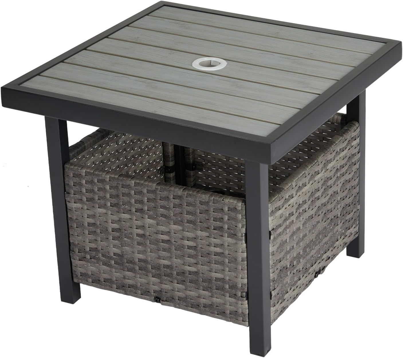 Outdoor Wicker Side Table with Umbrella Hole & Storage Space, Square PE Rattan Bistro Table, Heavy-Duty Steel Frame, for Patio Garden Poolside Deck - new