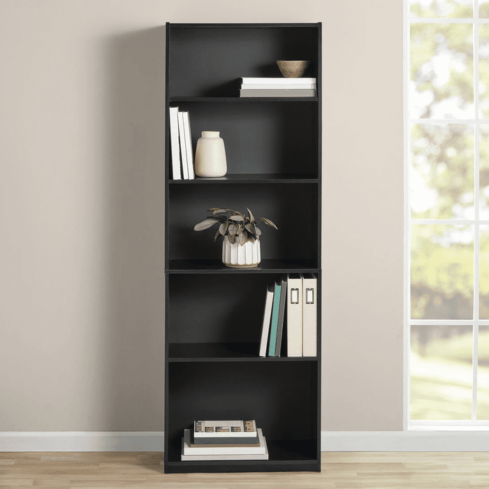 Mainstays 5-Shelf Bookcase with Adjustable Shelves, True Black Oak - new