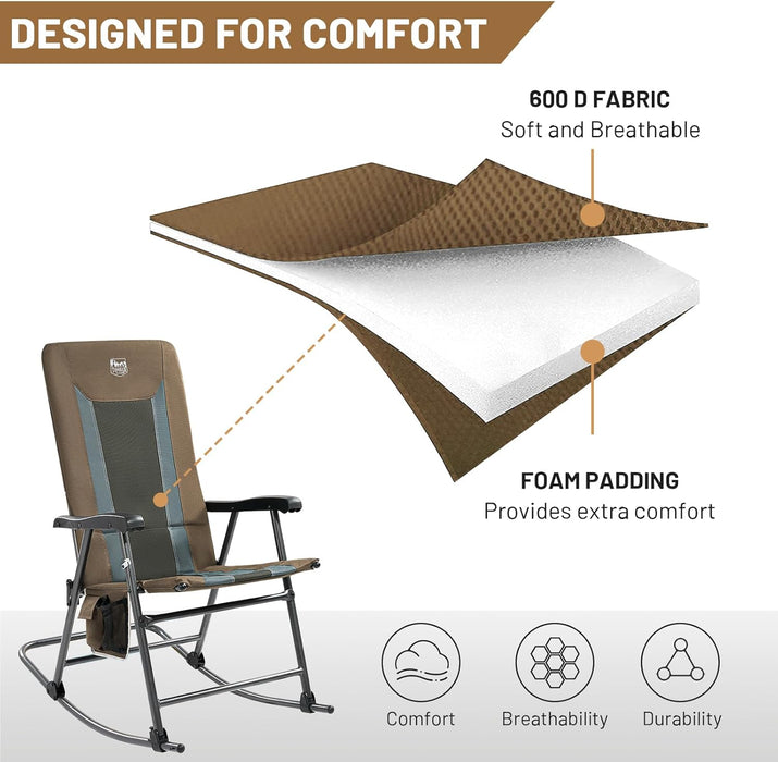 TIMBER RIDGE Foldable Padded Rocking Chair for Outdoor, High Back and Heavy Duty, Portable for Camping, Patio, Lawn, Garden, Yard or Balcony, Supports 300lbs (Brown) - open_box