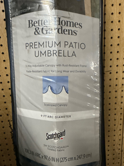Better Homes & Gardens 9' Blue Scallop Patio Umbrella, Crank Lift and 3 Position Tilt - new