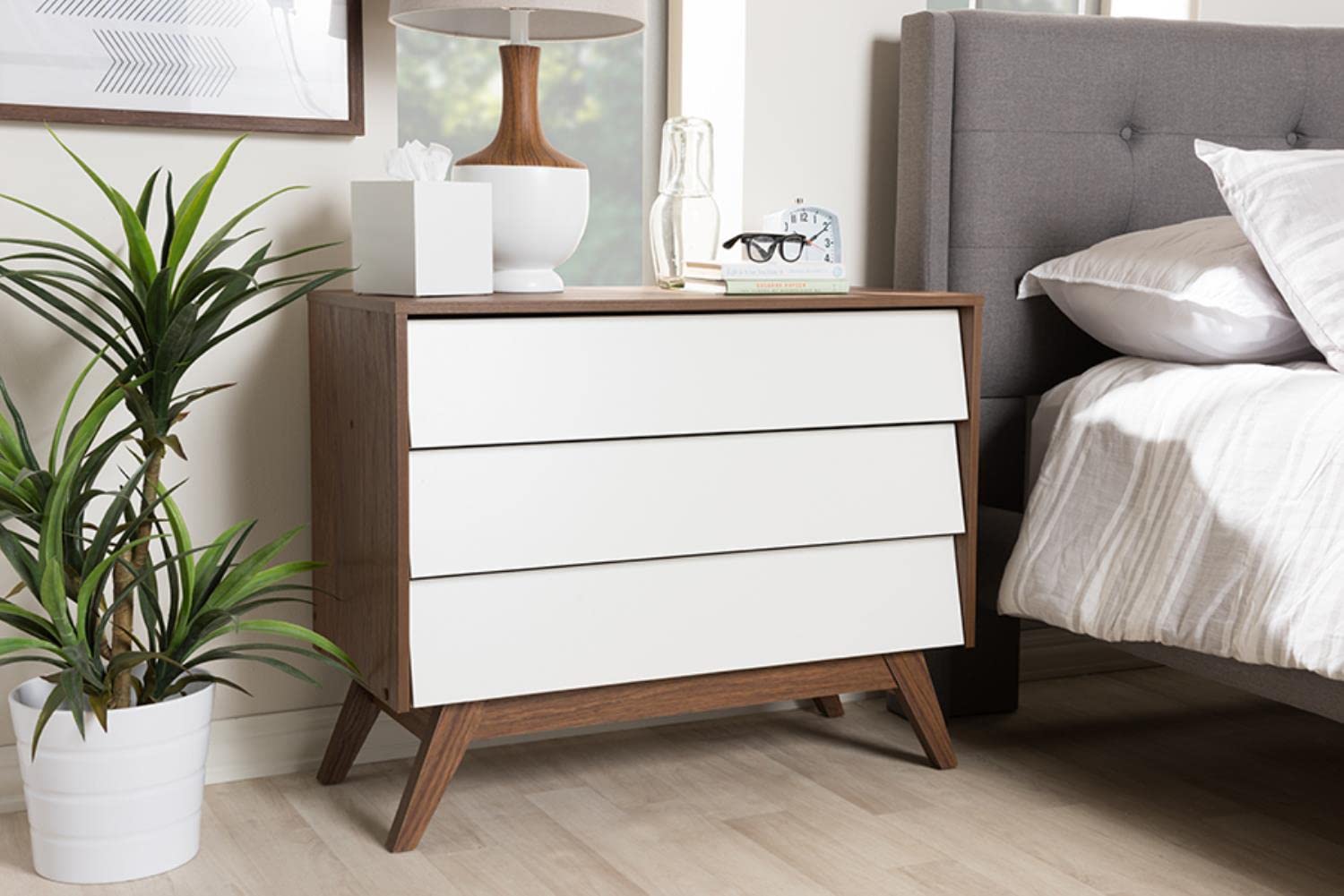 Baxton Studio Hildon Mid-Century Modern White and Walnut Wood 3-Drawer Storage Chest - new