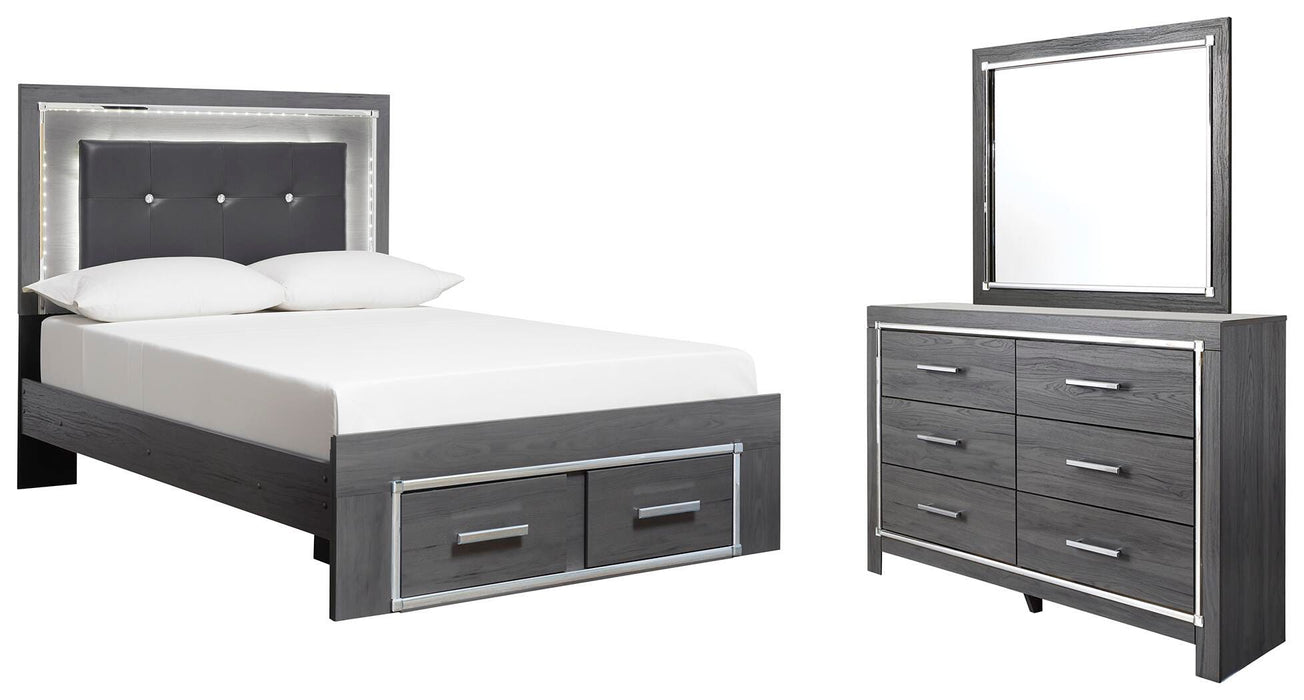 Lodanna Gray Lodanna Full Panel Bed with 2 Storage Drawers with Mirrored Dresser