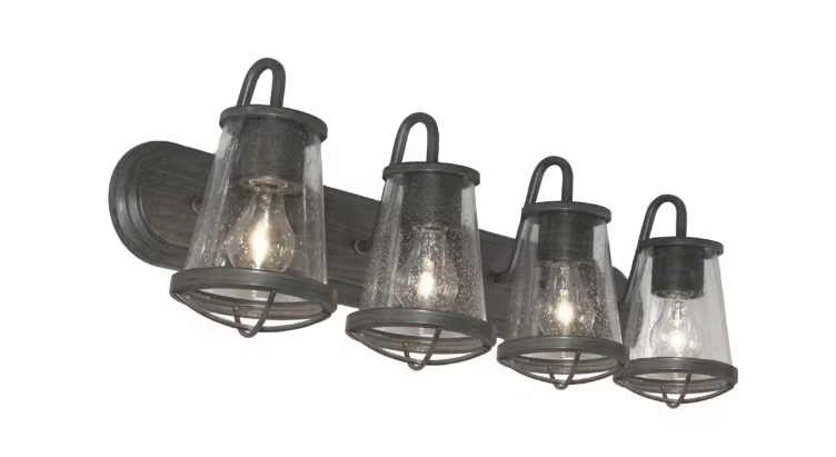 Home Decorators Collection Georgina 30 in. 4-Light Weathered Iron Industrial Rustic Vanity with Clear Seeded Glass Shades and Cage Accents - open_box