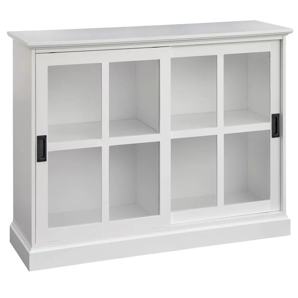 Padova Sliding Door Cabinet White - Lifestorey: Transitional Style, MDF, Tempered Glass, Fixed Shelves - new