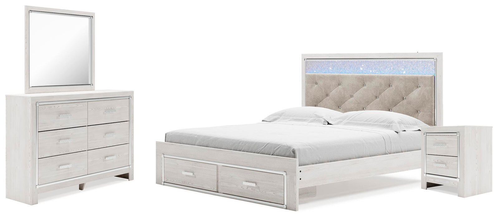 Altyra White Altyra King Upholstered Storage Bed with Mirrored Dresser and Nightstand