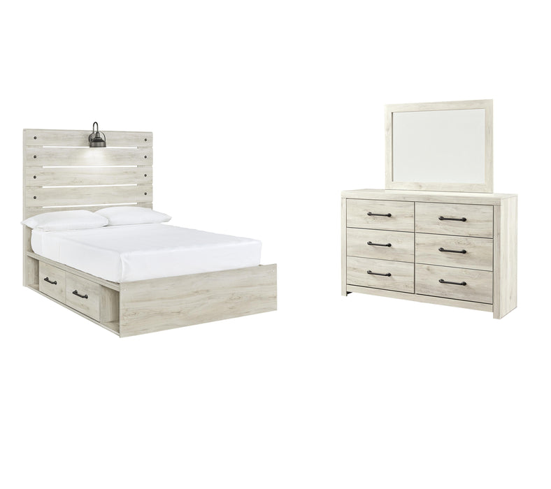 Cambeck Whitewash Cambeck Full Panel Bed with 2 Storage Drawers with Mirrored Dresser