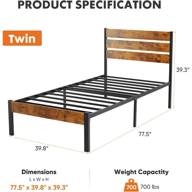 Simenmax Twin Size Bed Frame with Headboard, Mattress Foundation with All Sturdy Metal Support, Under Bed Storage, No Box Spring Needed, Rust Brown - new