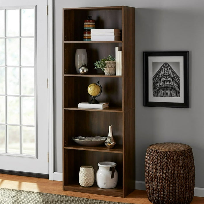 Mainstays 5-Shelf Bookcase with Adjustable Shelves, Canyon Walnut - new