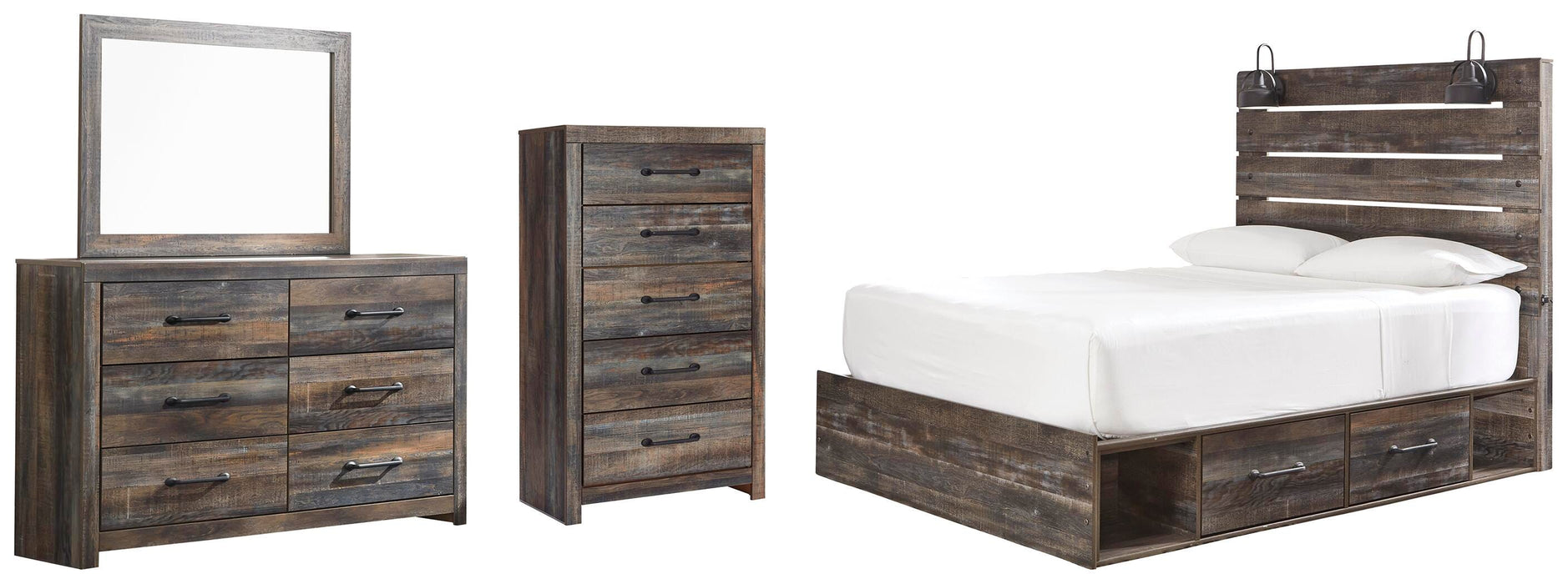 Drystan Multi Drystan Queen Panel Bed with 4 Storage Drawers, Dresser, Mirror and Chest