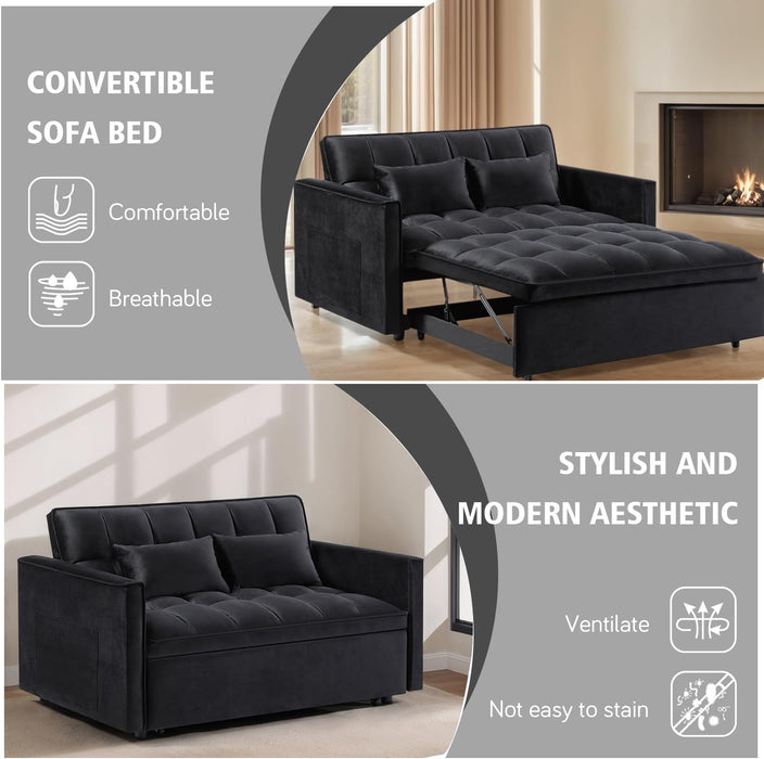 3 In 1 Velvet Convertible Sofa Bed, Pull Out Couch Bed with Reclining Backrest And 2 Pillows, 54" Full Size Loveseat Sleeper Sofa Futon Couch Bed, Couches For Small Spaces, Living Room (Black) - new